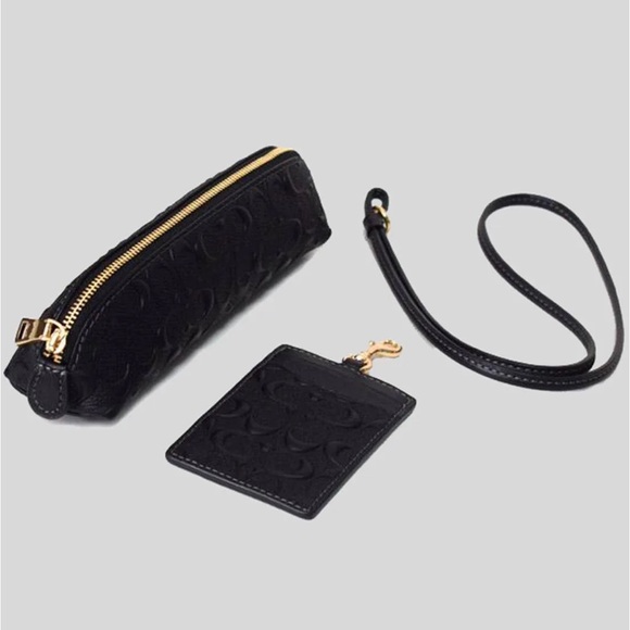 Coach Boxed Pencil Case and ID Lanyard Set in Signature Leather - Black - Picture 2 of 6